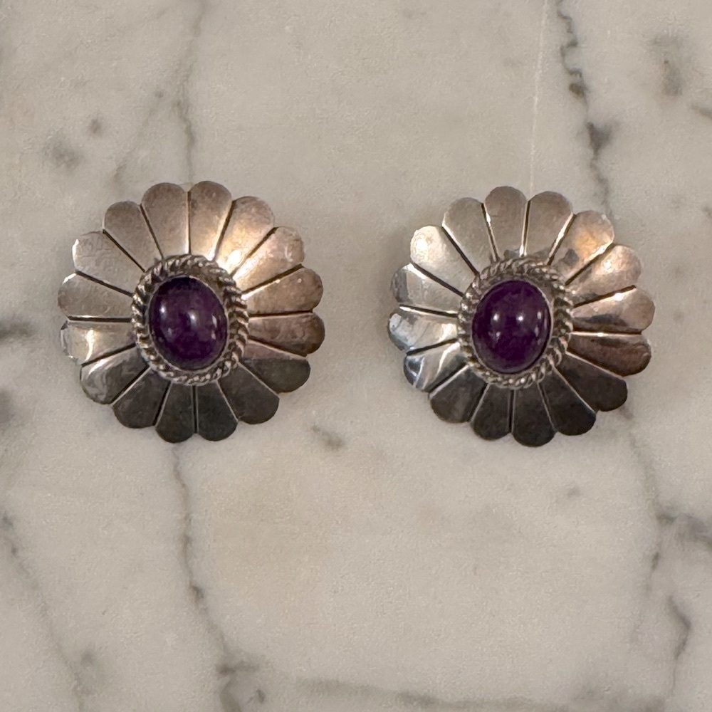Artie Yellowhorse Sterling and amethyst earrings. Custom made. 1 1/8 inches.